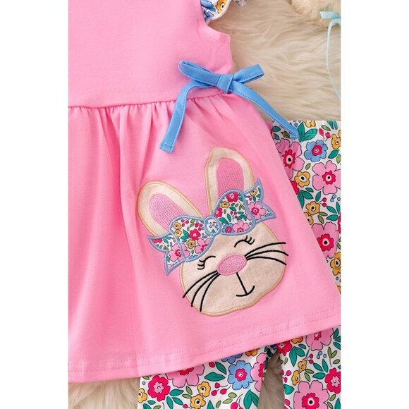 Easter Bunny applique on pink tunic & colorful floral printed pants. OFG50278 JE - Picture 2 of 3